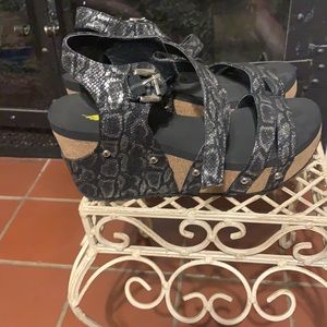 Volatile black/silver platform sandals, cork wedge